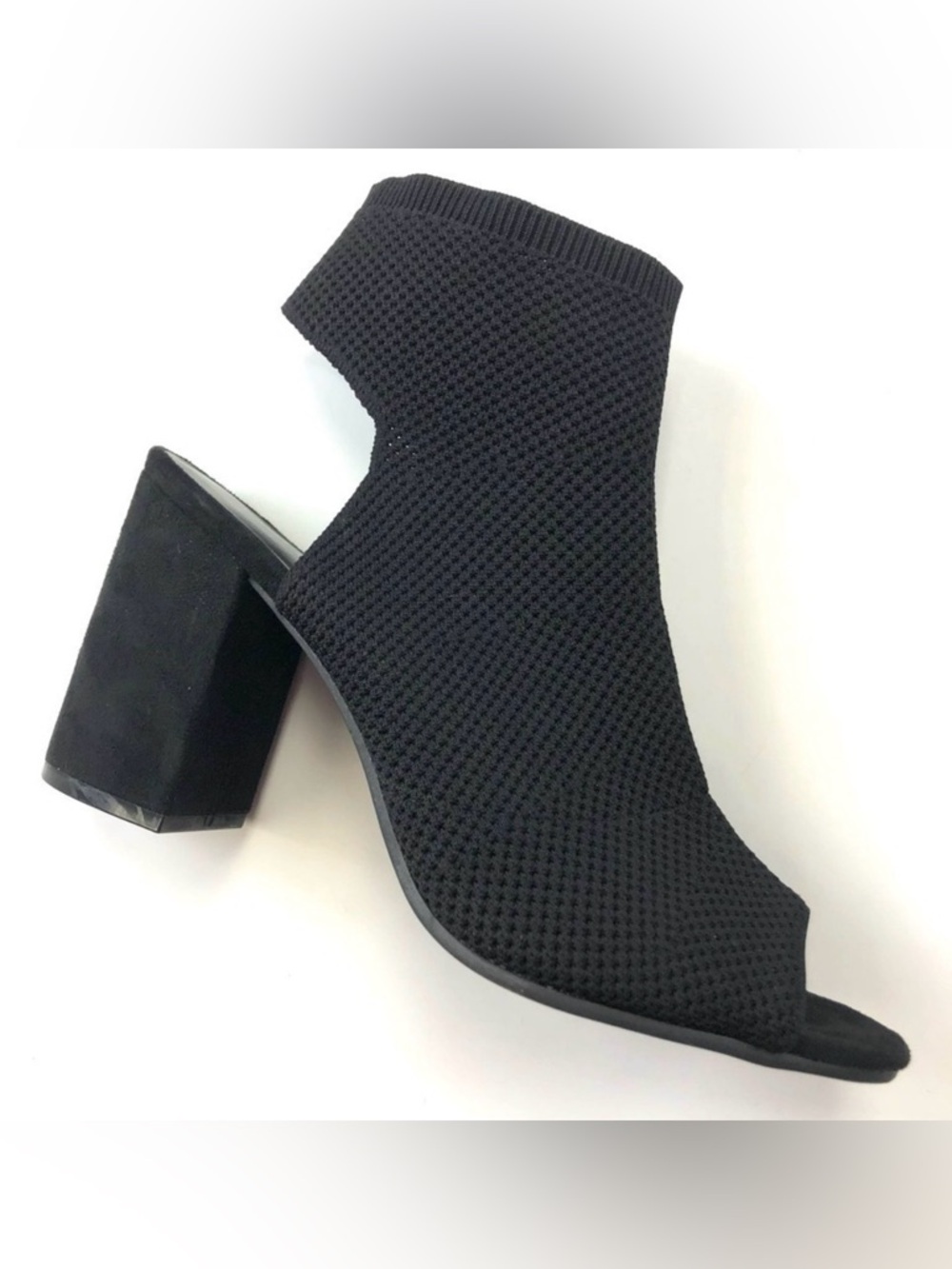 Seven Dials black knit peep toe stacked block heel ankle sandal Size 9 Shaylee